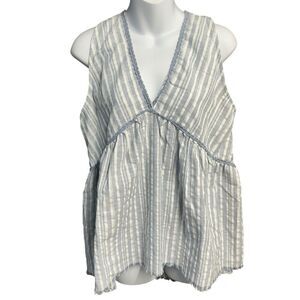 Umgee Linen Blend Top Womens Medium Blue White Striped Babydoll Swing Tank Boho